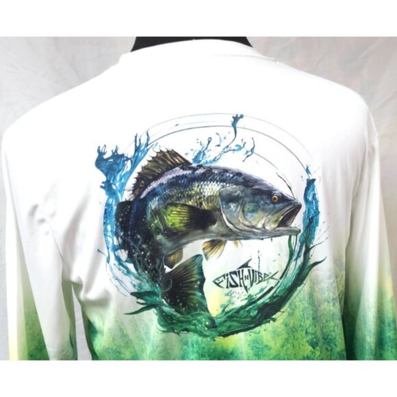 Fish N Vibe White Green Bass Splashing Performance Fishing Graphic Tee (M) 38-40 - Picture 9 of 12